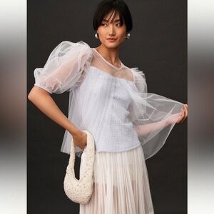 Anthropologie Sheer White Puff Sleeve Blouse